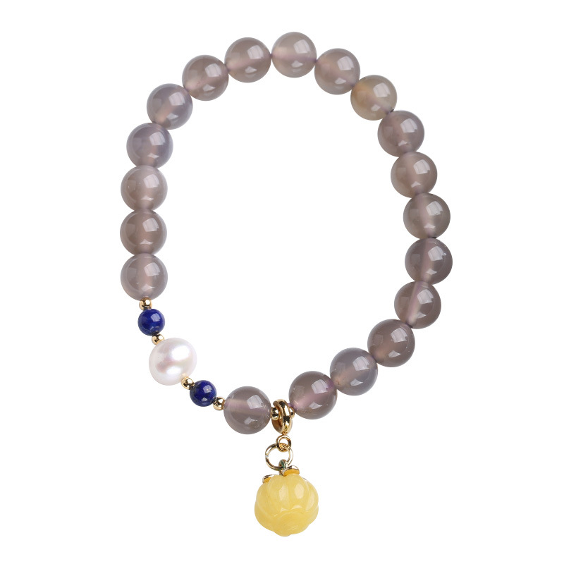 Chinese Style Natural Gray Agate Bracelet with Yellow Jade Pumpkin Freshwater Pearl Lapis Lazuli A Feminine Jewelry Piece