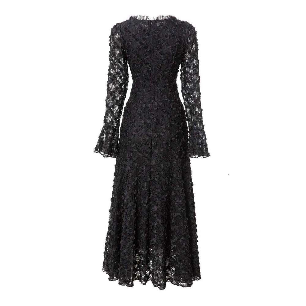 TWOTWINSTYLE Solid Slimming Spliced Appliques Dresses For Women Round Neck Long Sleeves Patchwork Single Breasted Dress Female