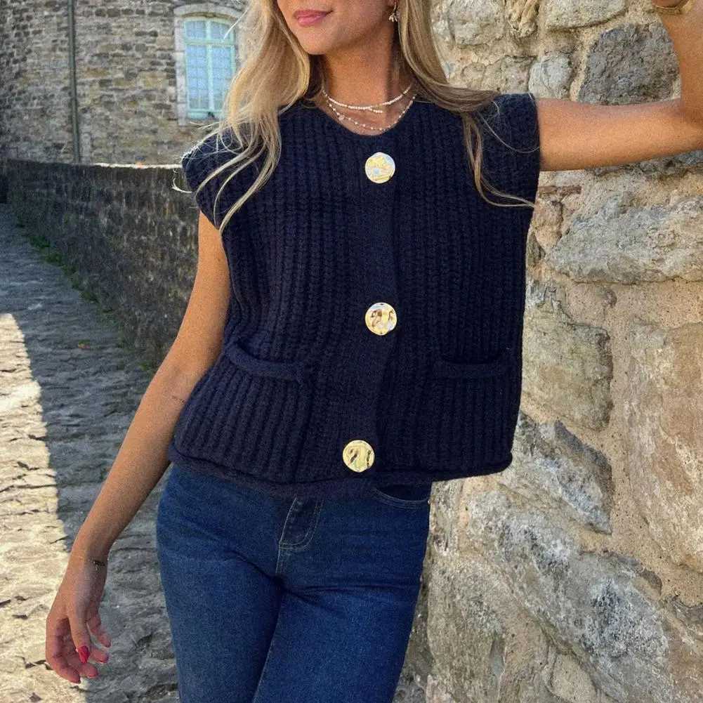 Knit Vests For Women Vintage Solid Metal Buttons Sweater With Pockets O Neck Sleeveless Waistcoat Crop Top Vest Cardigan X250724