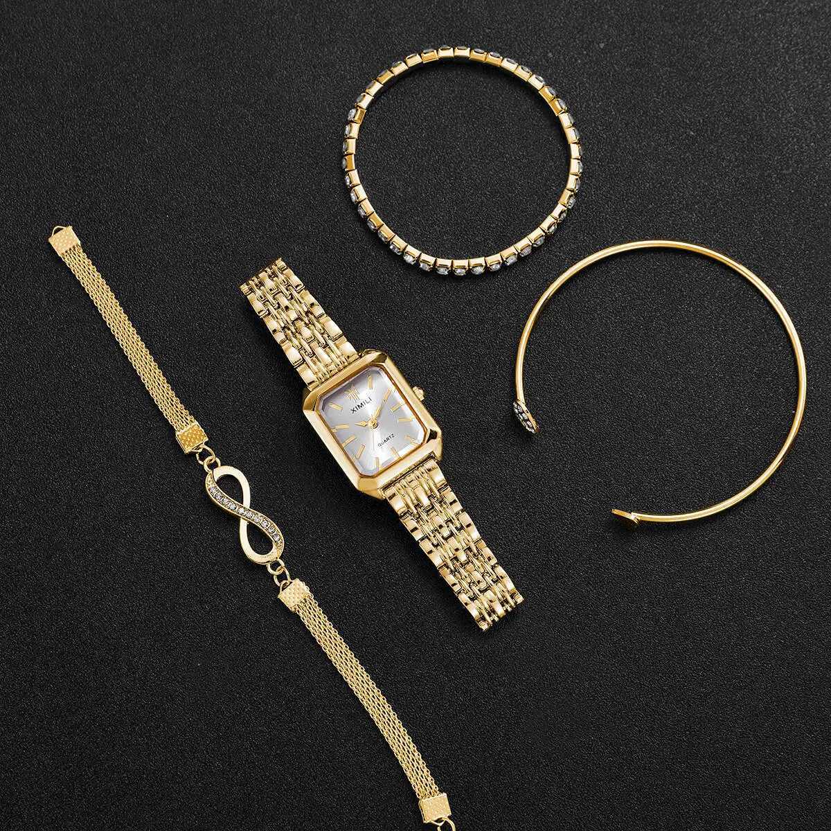 4PCS Fashion Rectangle Women Watches Luxury Stainless Steel Band Ladies Quartz Watch Rhinestone Bracelets Set Womens Watch W250724