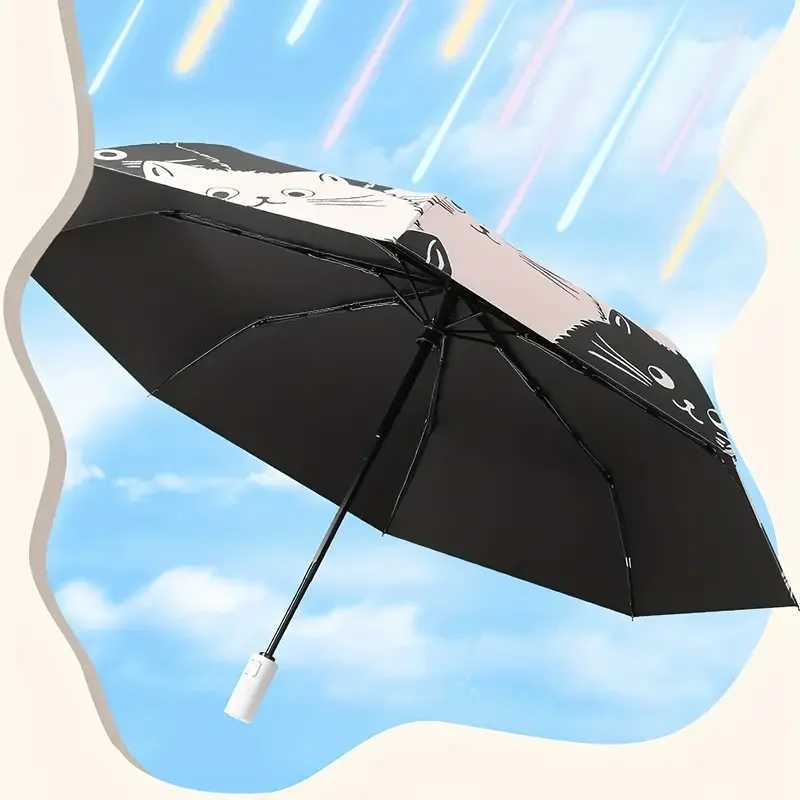 1pc Simple Cartoon Kittens Printed Black And White Automatic Umbrella Sunny And Rainy Dual-use UV Protection Umbrella R250724