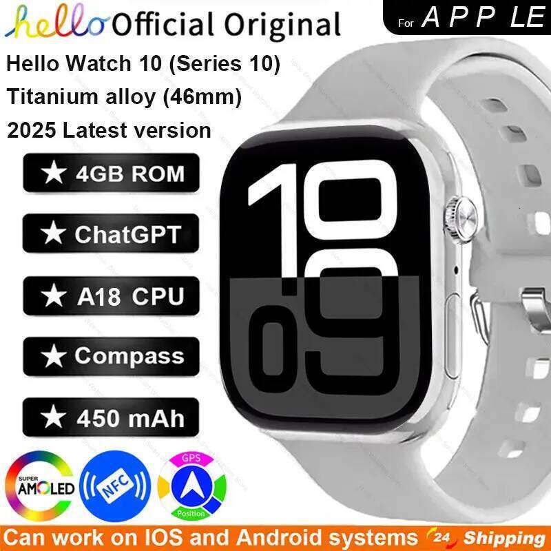 2025 New For Apple Hello Watch 46Mm HD AMOLED 4G ROM GPS GPT NFC Compass Clock Bluetooth Call Smartwatch Series 10 Men Women
