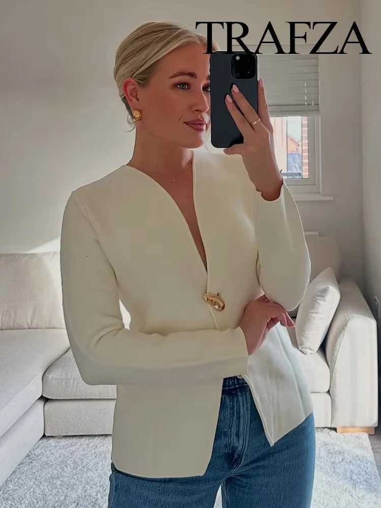TRAFZA Womens Fashion Solid V-Neck Elegant Slim Long Sleeve Cardigans Top Female Elegant Golden One Button Casual Knitted Coat X250724