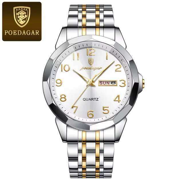 DHgargets POEDAGAR Men Watch Sport Waterproof Luminous Date Week Quartz Men's Watches Business Stainless Steel Male Clock Reloj
