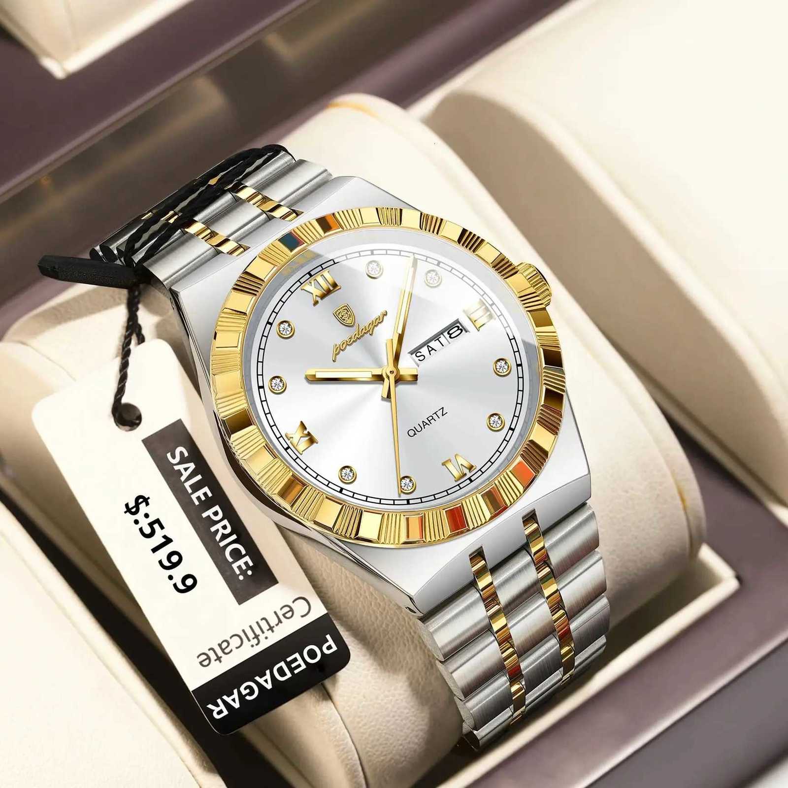 POEDAGAR Luxury Business Male Watch Waterproof Luminous Week Date Mens Wristwatch Stainless Steel Trendy Quartz Watches For Men W250724