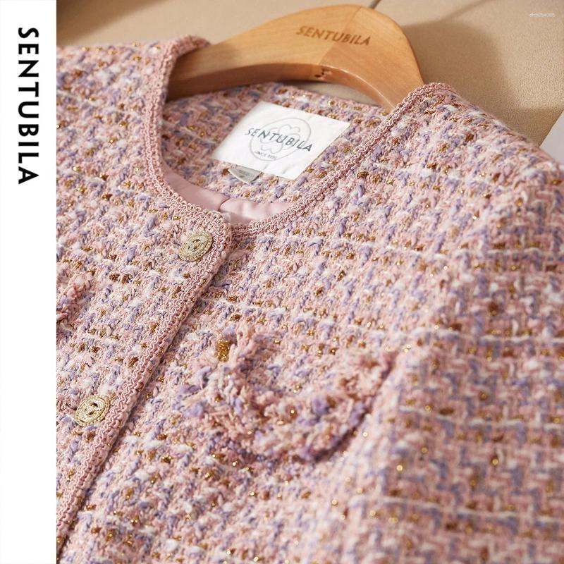 Women's Jackets SENTUBILA Elegant Jacket For Women Cotton 2025 Winter Straight Texture Tweed Metal Single Breasted Pink Coat