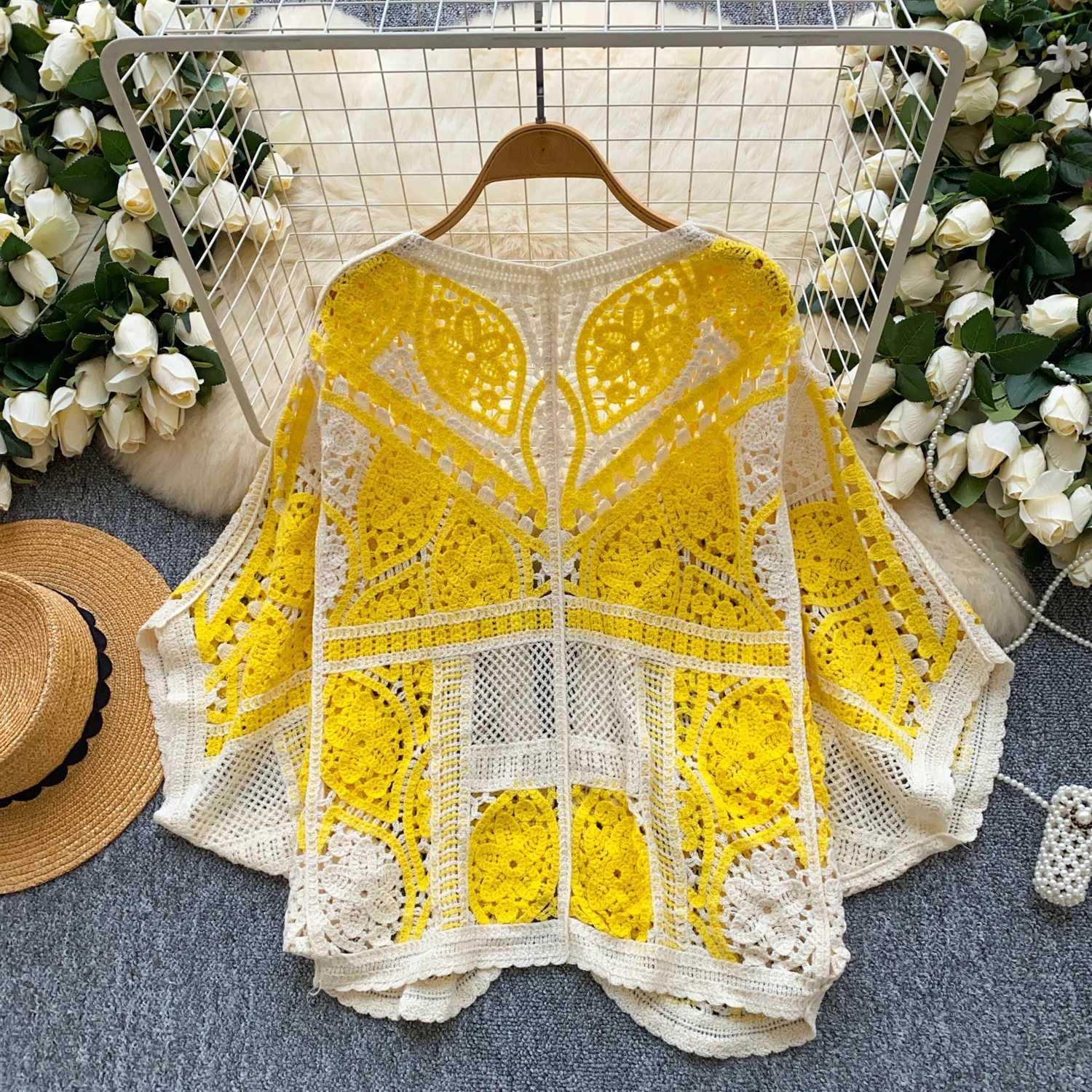 Chicy vintage Hook flower hollow loose Knit Elegant Fashion Sexy cardigan Shirt High Stretch Summer Women Blouse Women X2507241