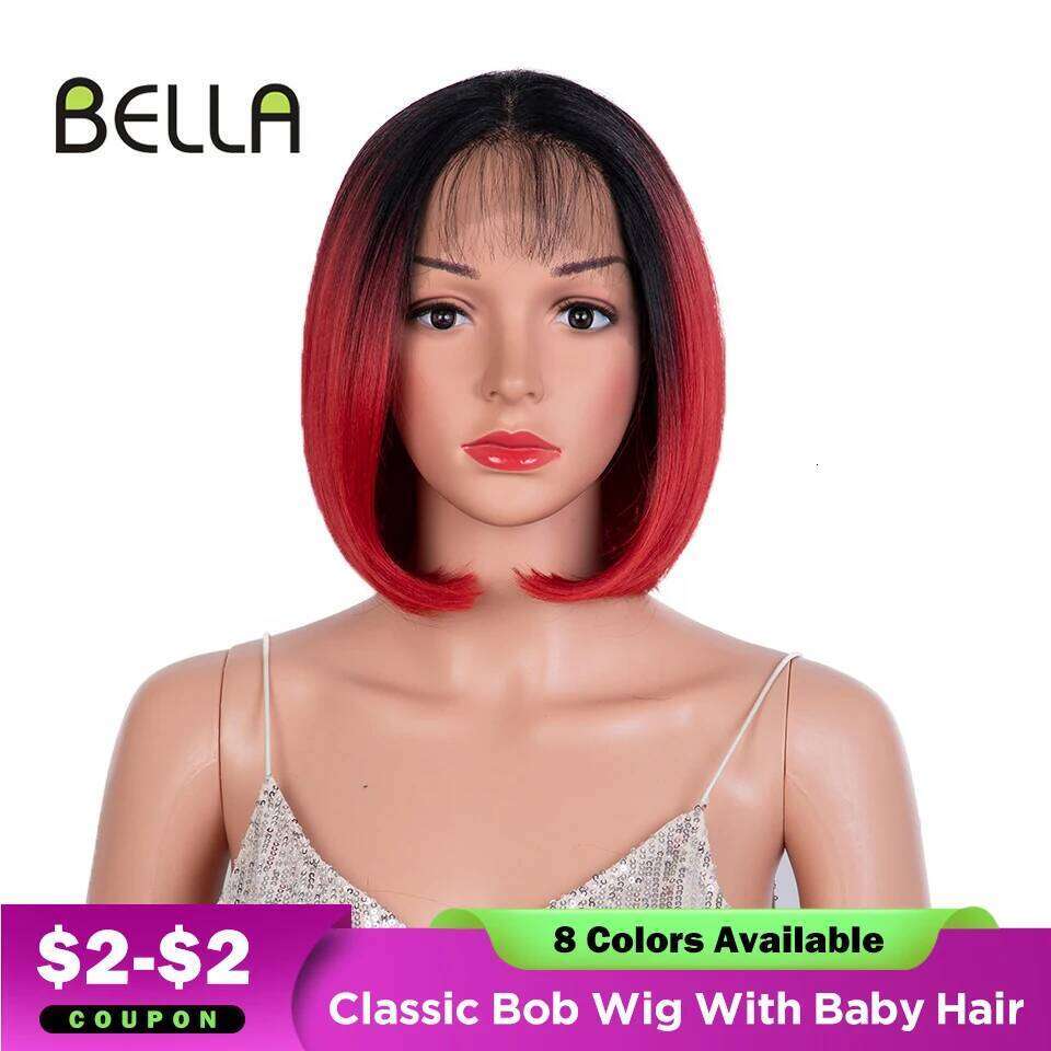 Bella Synthetic Lcae Front Short Bob Cosplay Wig Ombre Red Color Heat Human Hair Resistant For Black Women