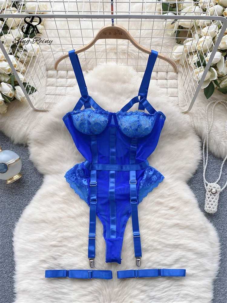 SINGREINY Club Erotic Sheer Rompers Female Short Sleeve Slim Underwear Playsuits Women Lace Spliced Corset Sexy Bodysuits W250724