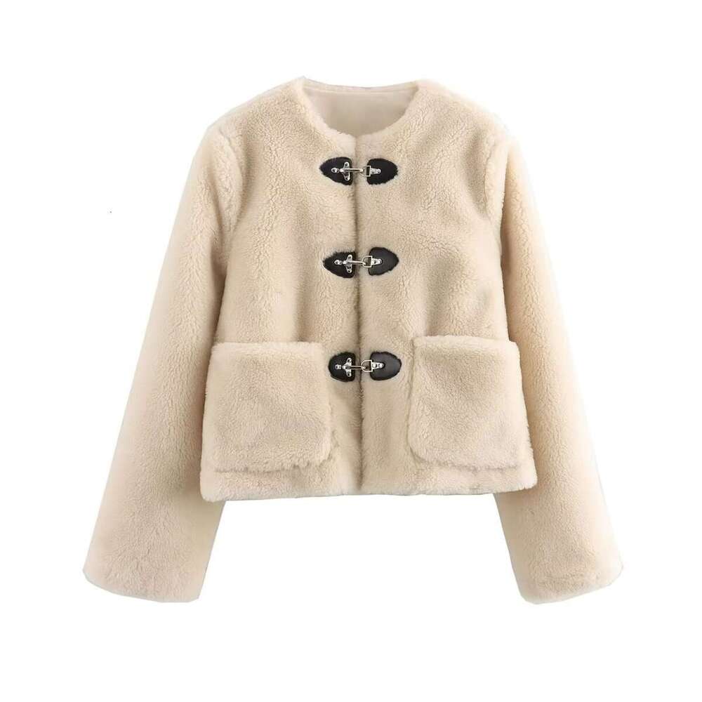 TRAFZA And Autumn INS Women's Two-Color Spring Buckle Fleece Jacket Coat B5