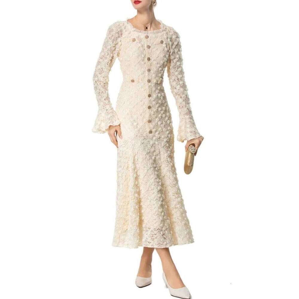 TWOTWINSTYLE Solid Slimming Spliced Appliques Dresses For Women Round Neck Long Sleeves Patchwork Single Breasted Dress Female