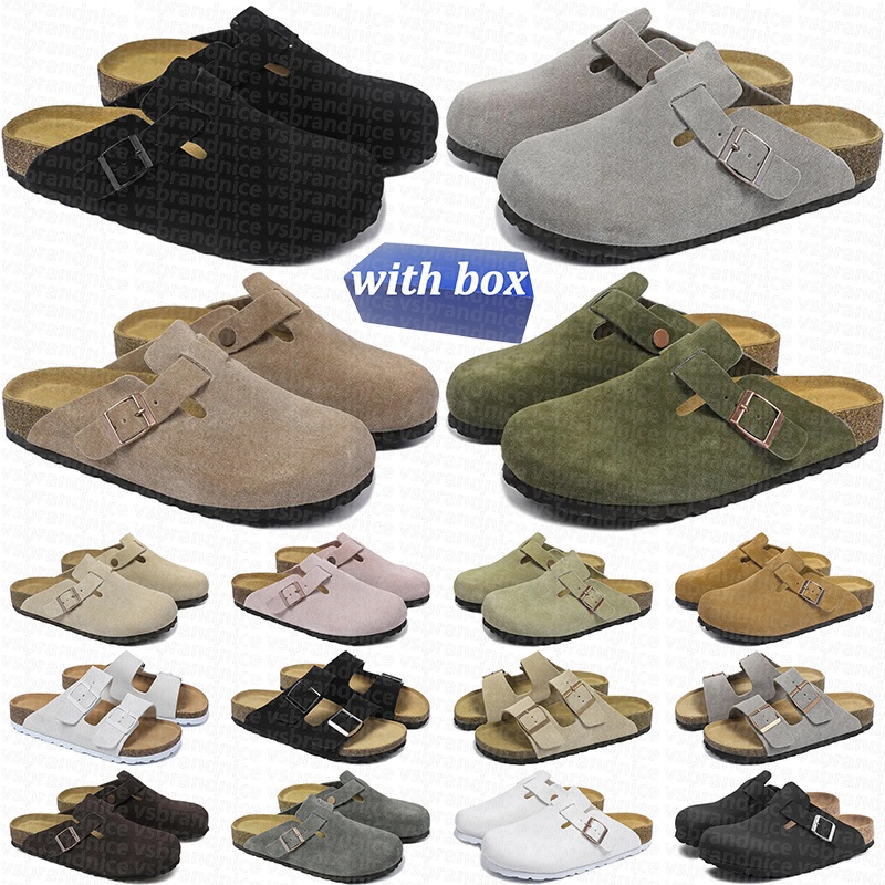 with box designer slippers clogs sandals slides for men women suede leather black white grey beige blue brown flip flops sliders buckle flat sneakers