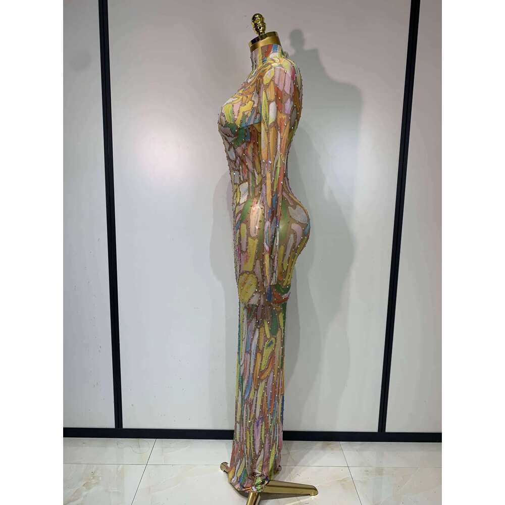 Designer Niche Shiny Rhinestone Stretch Mesh Perspective Ladies Show Dancer Dress Party Nightclub Stage Costume