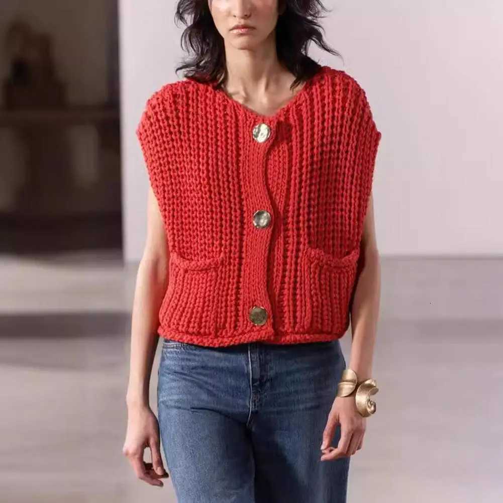 Knit Vests For Women Vintage Solid Metal Buttons Sweater With Pockets O Neck Sleeveless Waistcoat Crop Top Vest Cardigan X250724