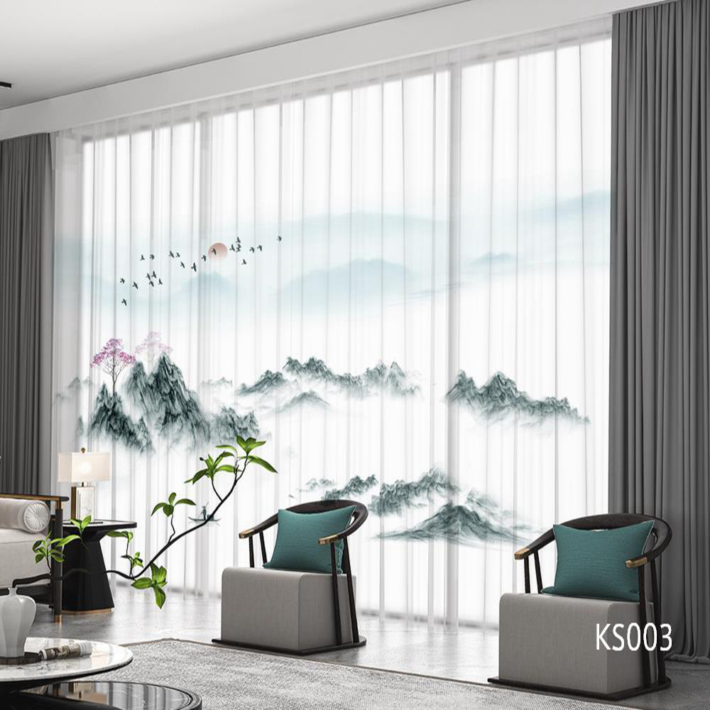 YL-36668 Modern New Chinese Style Ink Painting Landscape Living Room Study High-end Bedroom Famous Hotel Curtain Zen Gauze Curtain