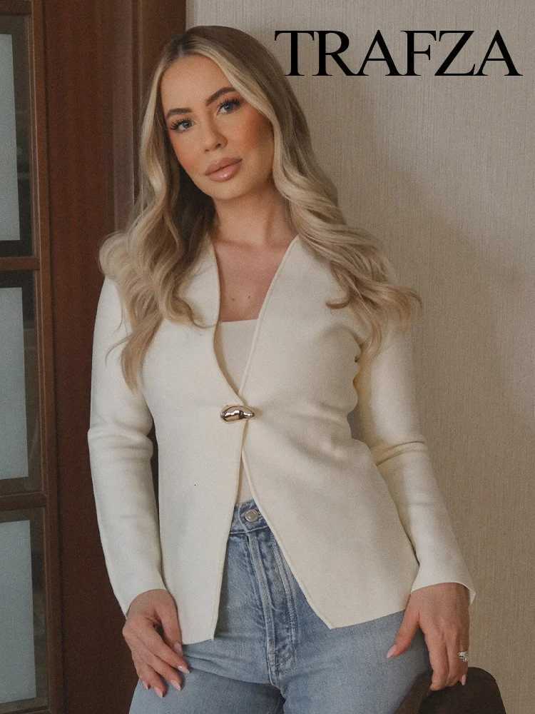 TRAFZA Womens Fashion Solid V-Neck Elegant Slim Long Sleeve Cardigans Top Female Elegant Golden One Button Casual Knitted Coat X250724