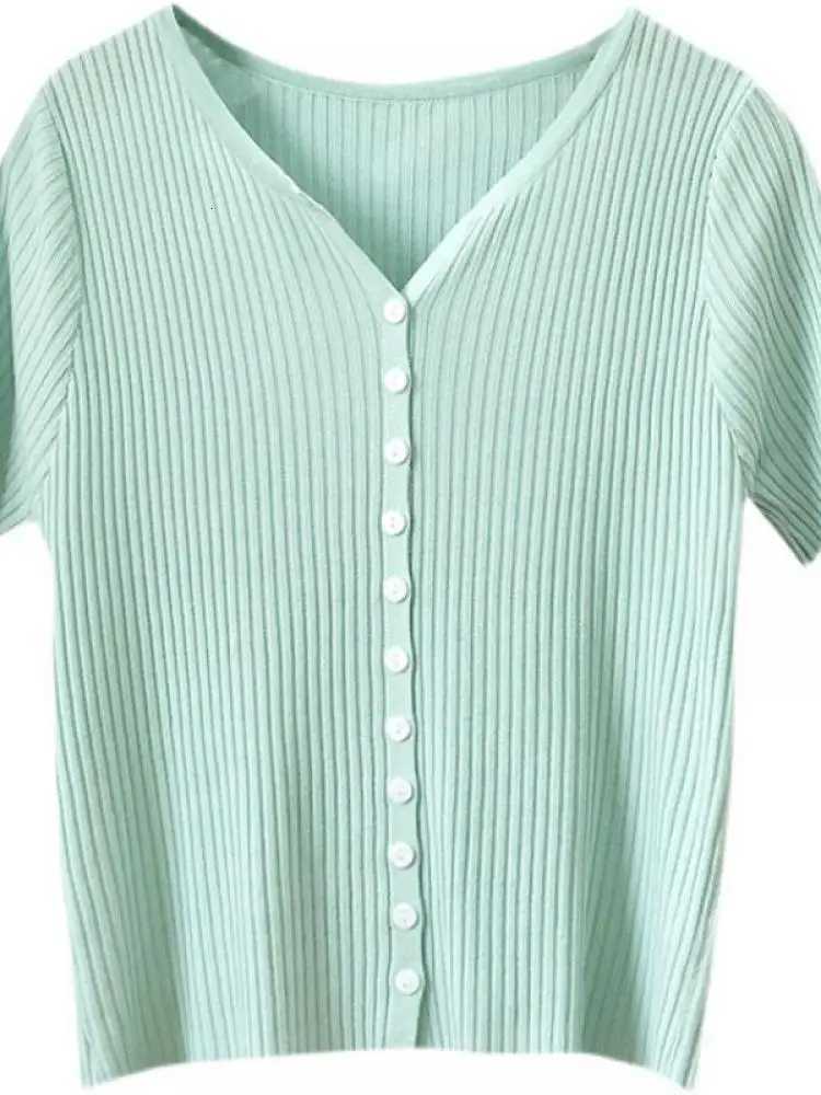 Thin Cardigan for Women Summer Cropped Cardigan Button V Neck Short Sleeve Knitted Top Slim Sweater Tops Womens Knitwear 2024 X250724