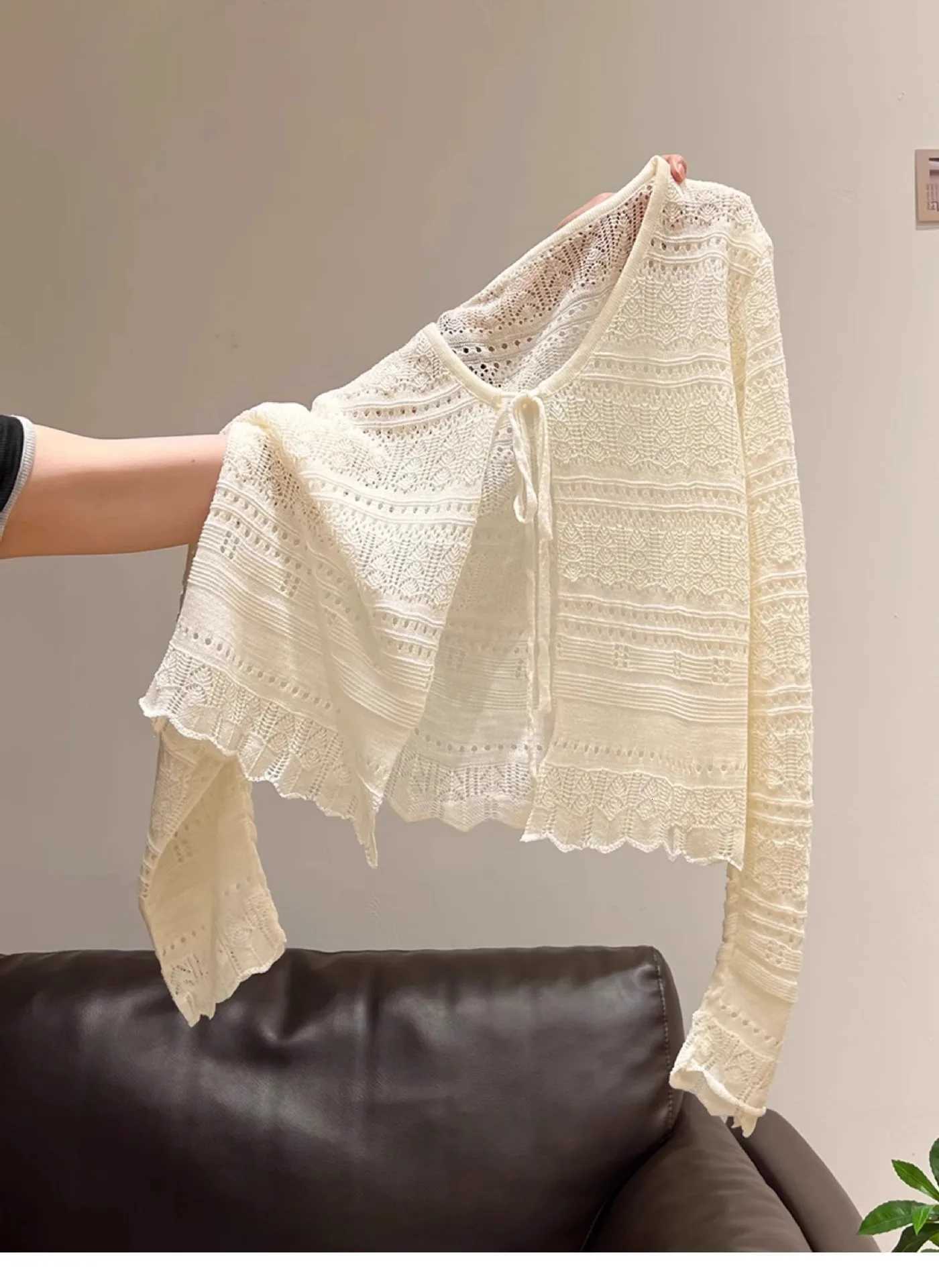 Summer Sunscreen Knitted Shirt Women V-neck Long Sleeve Lace Up Knitting Coat Casual Fashion Female Thin Sunproof Cardigan X250724