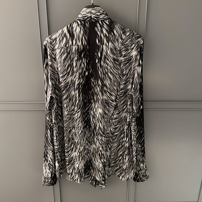 Ladies Silk Blend Leopard Print Shirt Designer Tie-Neck Blouses Runway Oversized Fit Y2K Stylish Clothing S0754