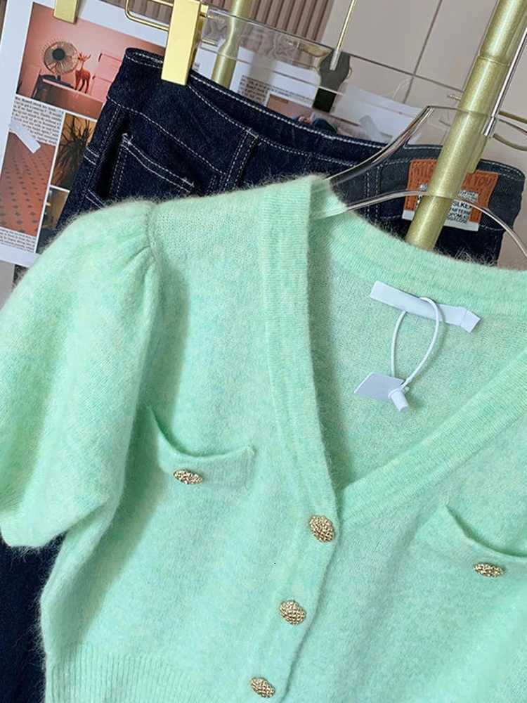 Summer Knitted Cardigan Womens Korean Chic V-neck Short Sleeve Sweater Small Fragrance Knitwear Tops Jumper Female T Shirt X250724