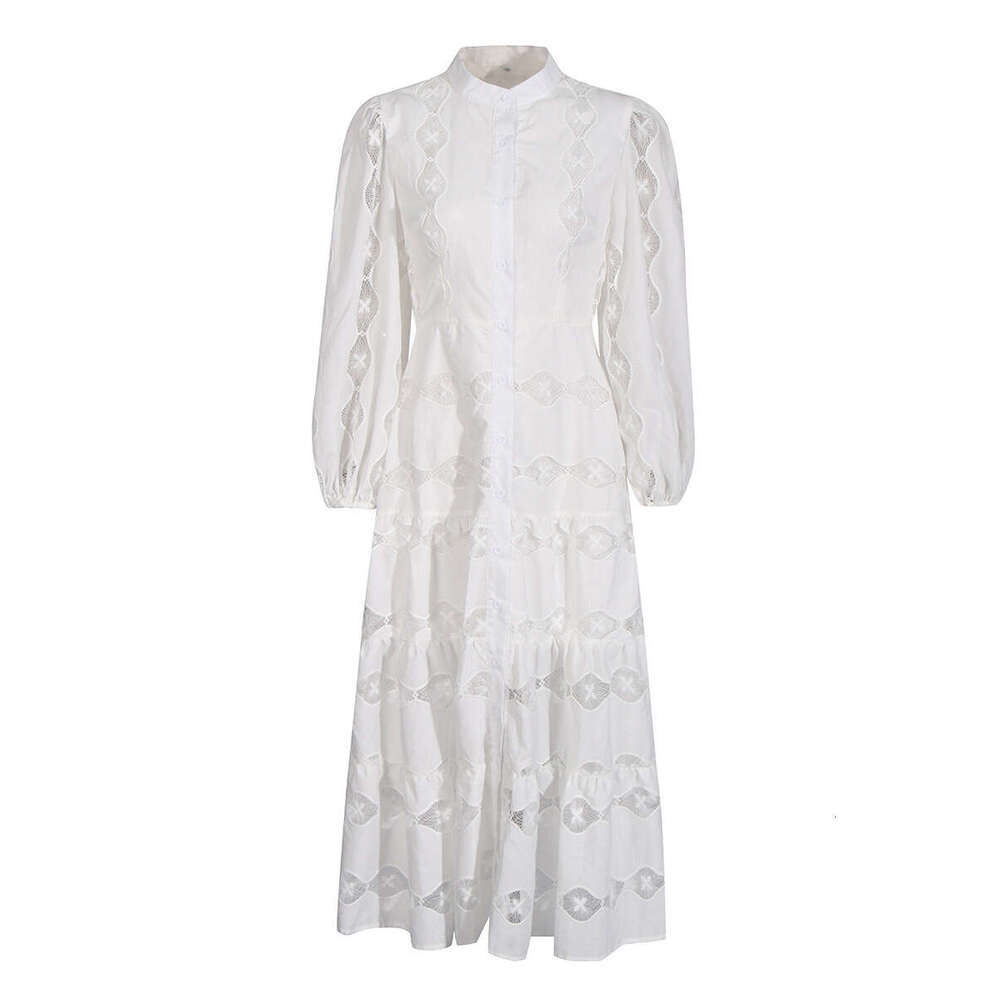 White Skirt Maxi Skirt French Court Style Long Summer New Fashion Stand Collar Lantern Sleeve Embroidered Printed Hollow Out Dress For Women Long Skir