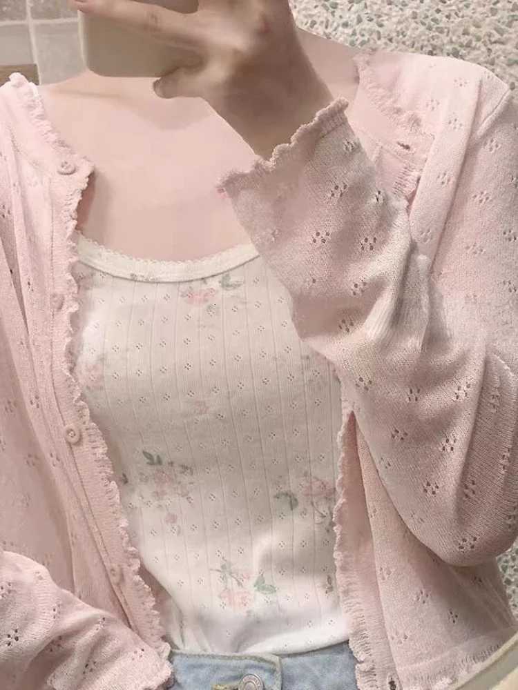 2025 Women Summer Sun Protection Coat Lace Hollow Cardigan Lolita Female Blouse Tops Covers Blusa Y2K Korean All Match Tops X250724