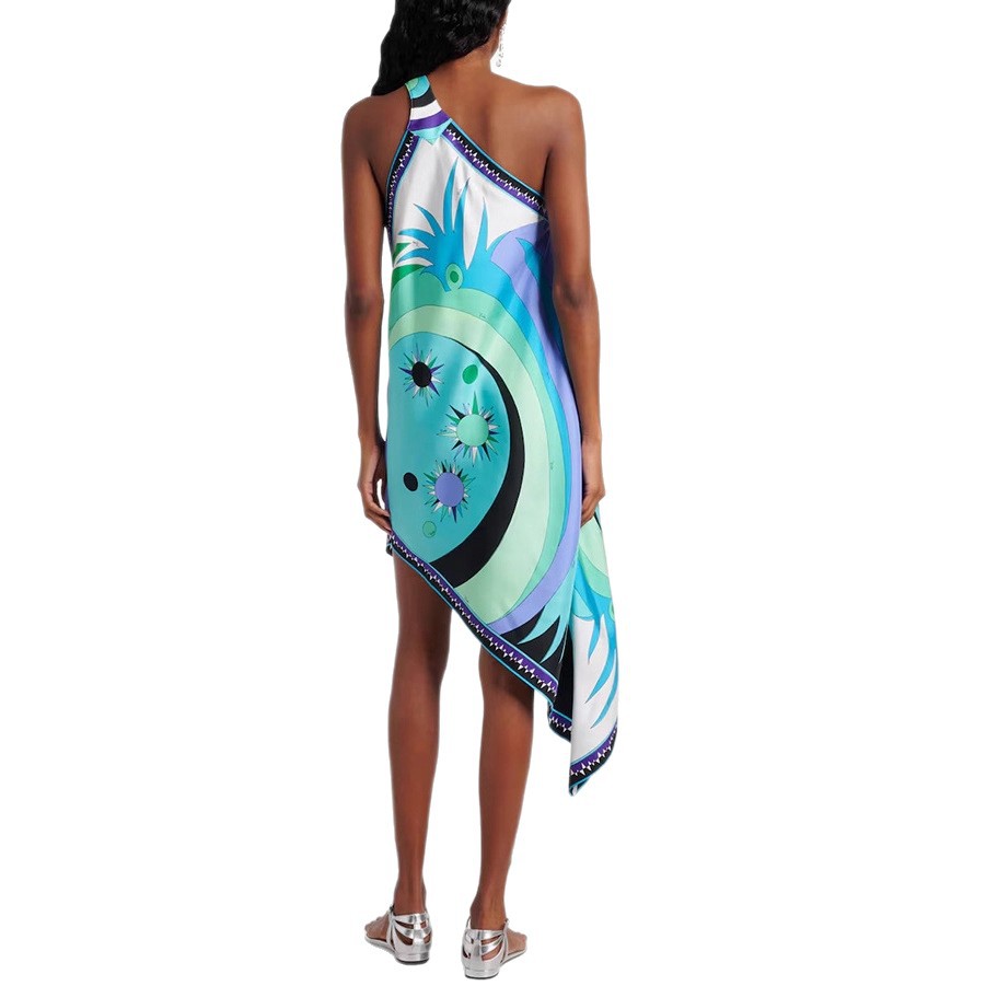 G723New European and American spring and summer satin positioning print off-shoulder dress