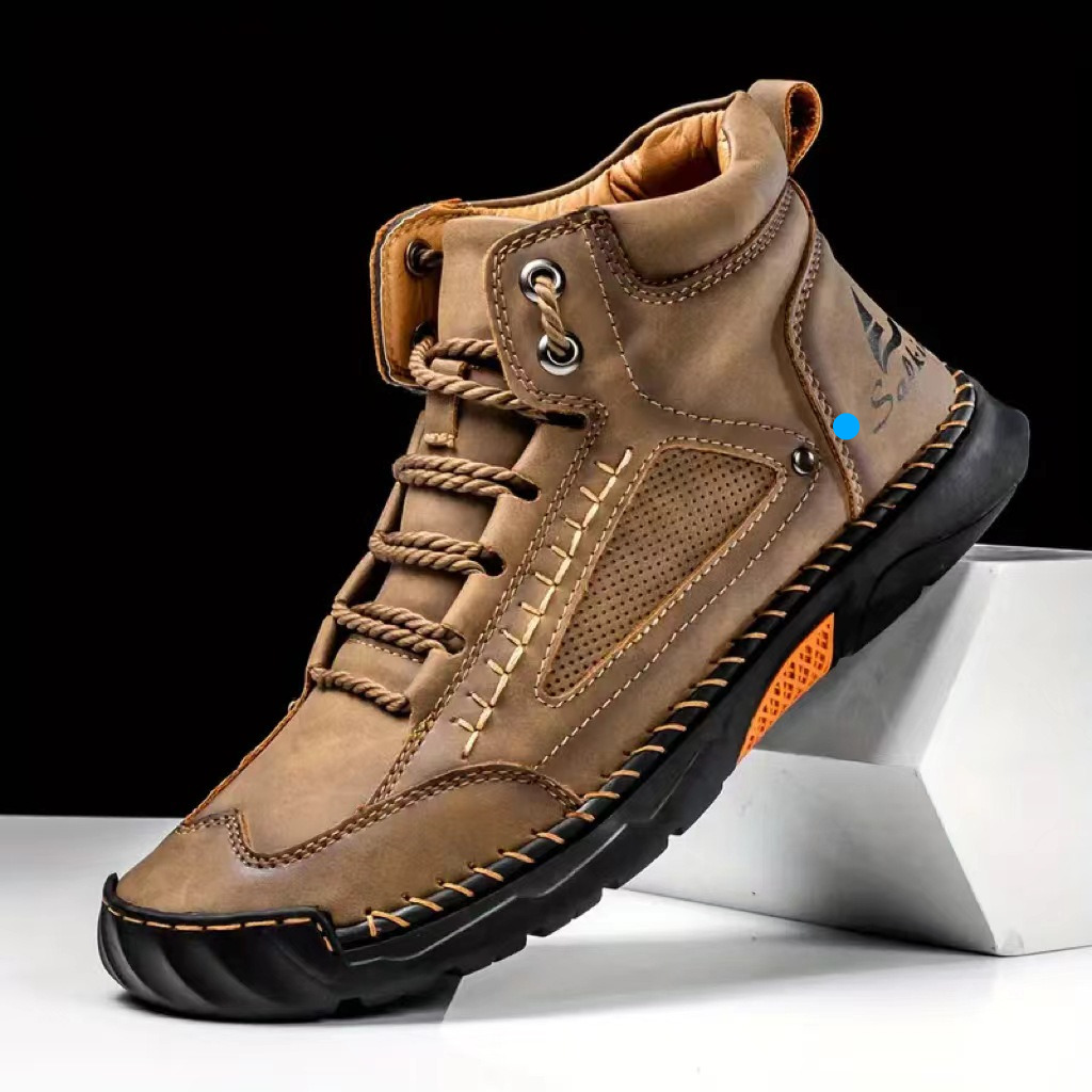 Large Size PU Leather Men's Fashion Hand-stitched Ankle Boots Flat Lace-up Casual Shoes