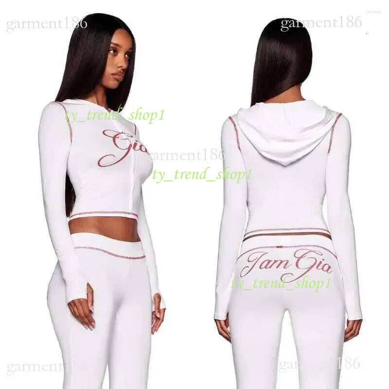 Women's Two Piece Pants IAMGIA Set Letter Elastic Thin Print Slim Fit Hoodie Short Jacket Top Long Training Fiess Suit e38
