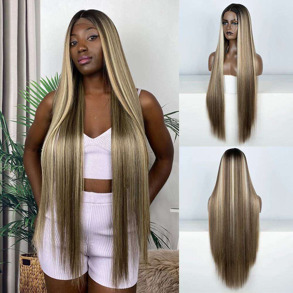 Front Wigs Highlight Brwon Blonde Black For Women Human Hair Long Straight Lace Wig 38Inch Synthetic Heat Resistant Wig