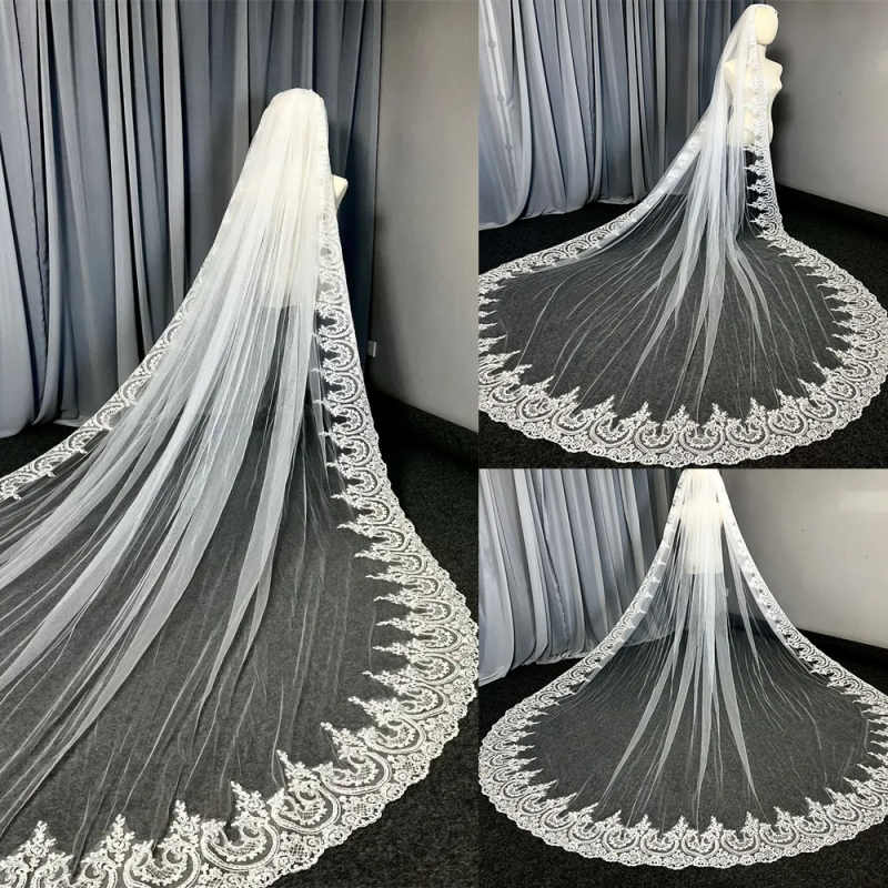 NEW Glitter Sequins Lace Wedding Veil 3 Meters Long White Ivory Bridal Headpiece Elegant Bride Accessory with Comb For Marriage Bride Women's Acc