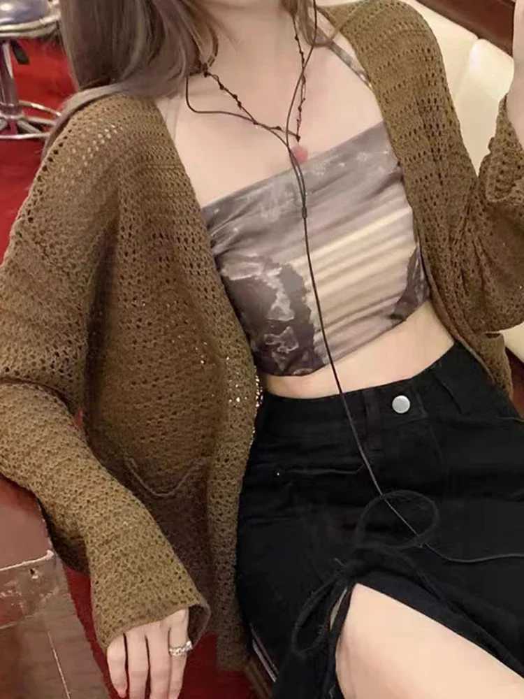 Women Hollow Out Knitted Cardigan Sweaters Autumn Simple Lazy Wind Long Sleeve Outerwear Boho Sun Proof Holiday Lady Coat Tops X250724