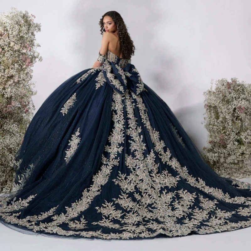Navy Blue Shiny Quinceanera Dresses Off Shoulder Ball Gown Sweet 16 Dress Applique Lace Beads Bow Tull Birthday Party Vestidos 15 Anos