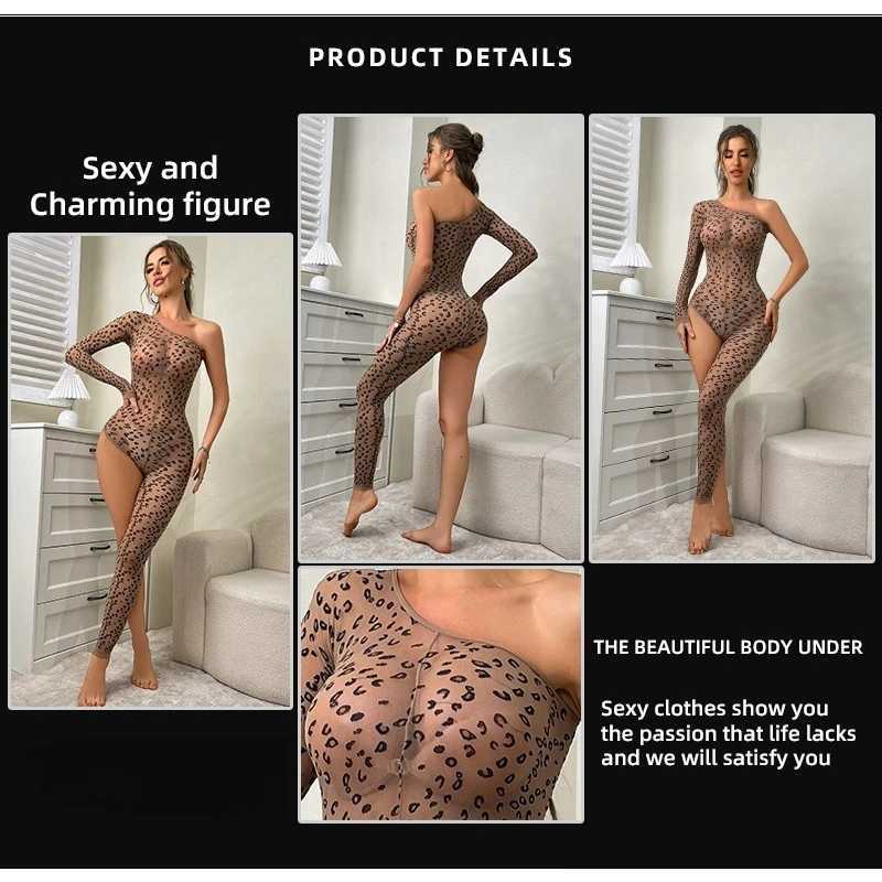 European and American Womens New Leopard Pattern Sexy Uniform Open Temptation Hollow Perspective Ball Queen Jumpsuit W250724