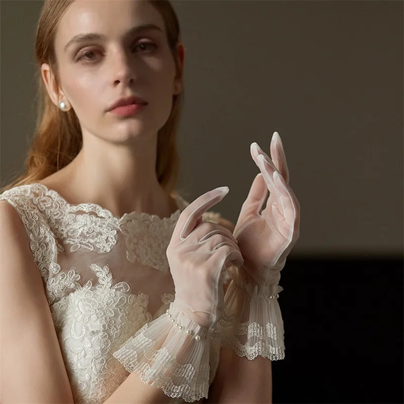 Elegant Lace Fingerless Gloves with Pearl Embellishments for Brides Proms and Special Occasions - Delicate Sheer Wrist Length 250722