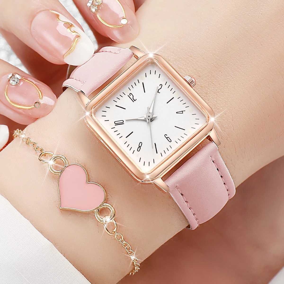6PCs/Set Womens Fashion Watch Square Simple Dial Leather Quartz Watch with Love Bracelet Set W250724