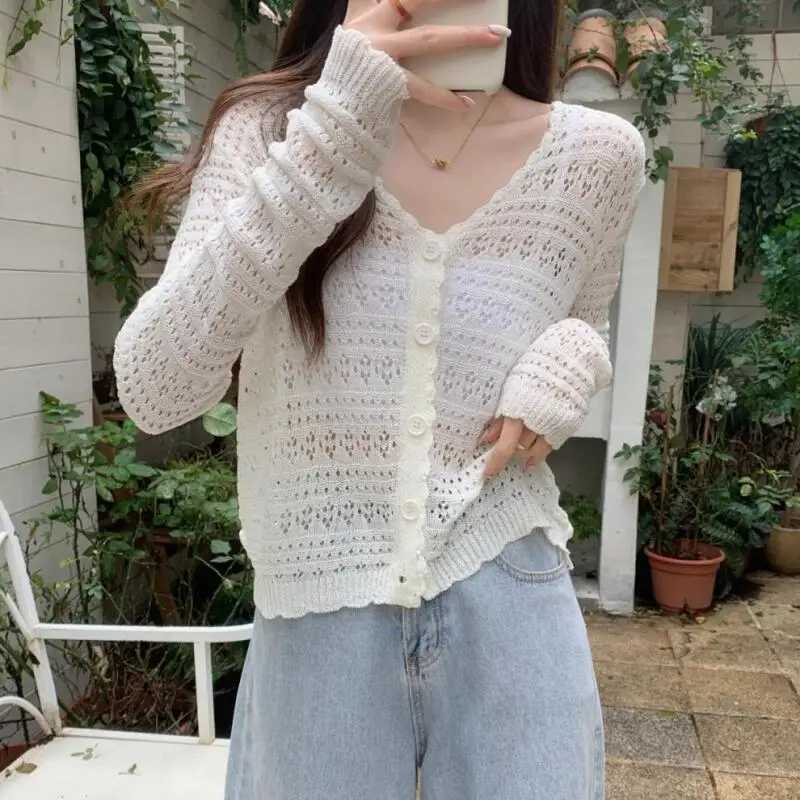 V-neck long-sleeve cardigan jacket sun protection cardigan outerwear thin jacket womens summer hollow knit jacket X250724