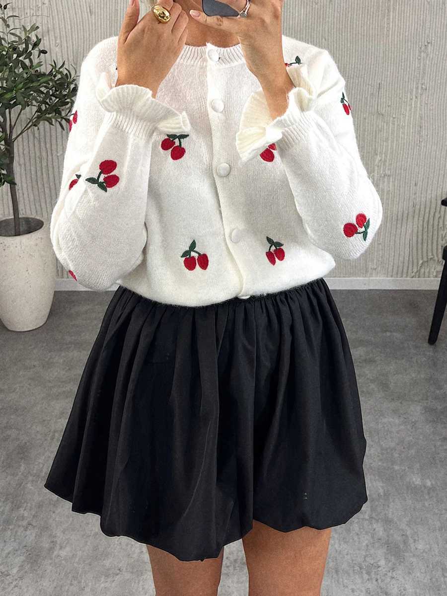 New Fashion Womens Autumn Sweater Cardigan Long Sleeve Round Neck Button Up Cherry Print Knitwear Hot Sale S-XL X250724