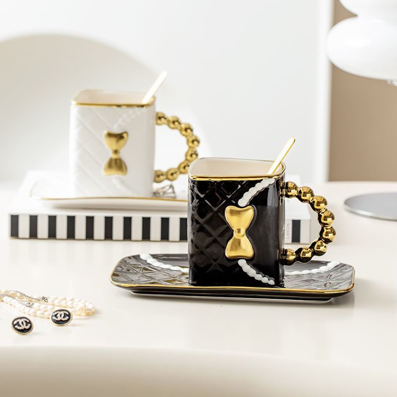 Designer Luxury 350ML Pearl Bow Bag Cup Coffee Cup Milk Cup Dish Set Home Office Afternoon Tea Ceramic Water Cup
