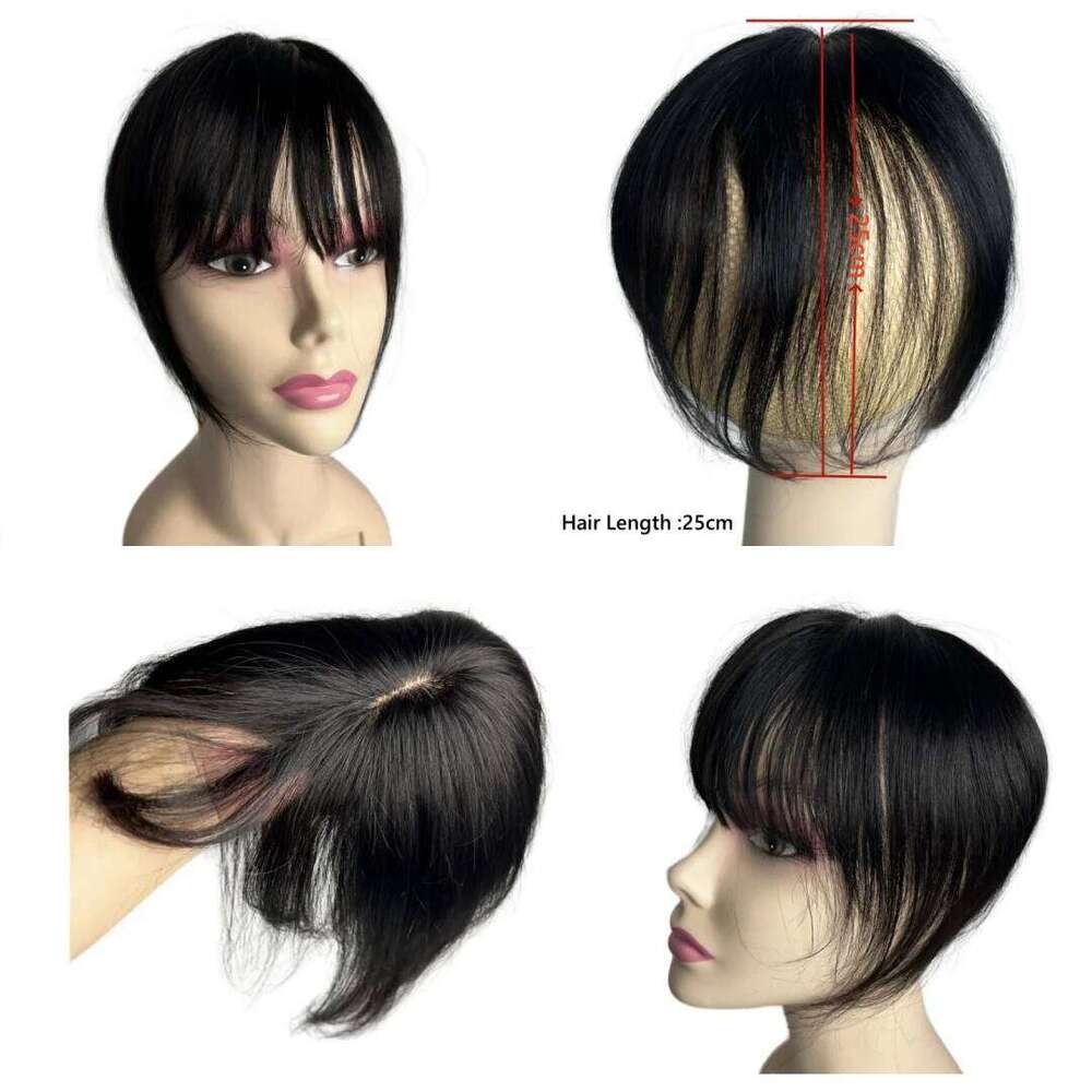 Women's 100% Human Topper with Bangs Clip-In Straight Piece Natural Fringe 25cm False for Quick Hair Volume