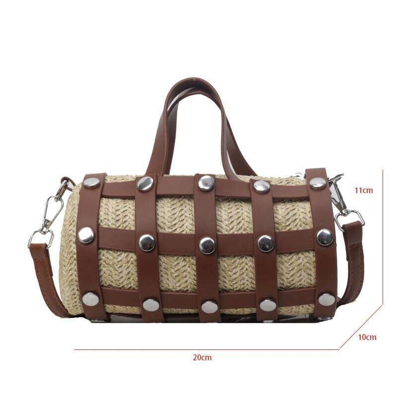 Retro Rivet Crossbody For Women Boho Hollow Out Straw Handbag Lady Girls Shoulder Phone Purse Small Round Bag Black