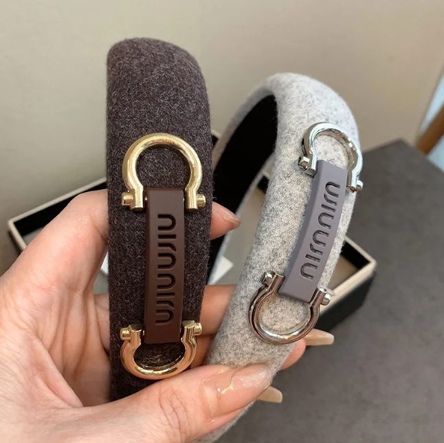 Women Simple Versatile Wool Fabric Headband Korean Style Elegant Horse Hoof Buckle Clip Wide Edge Hair Accessory