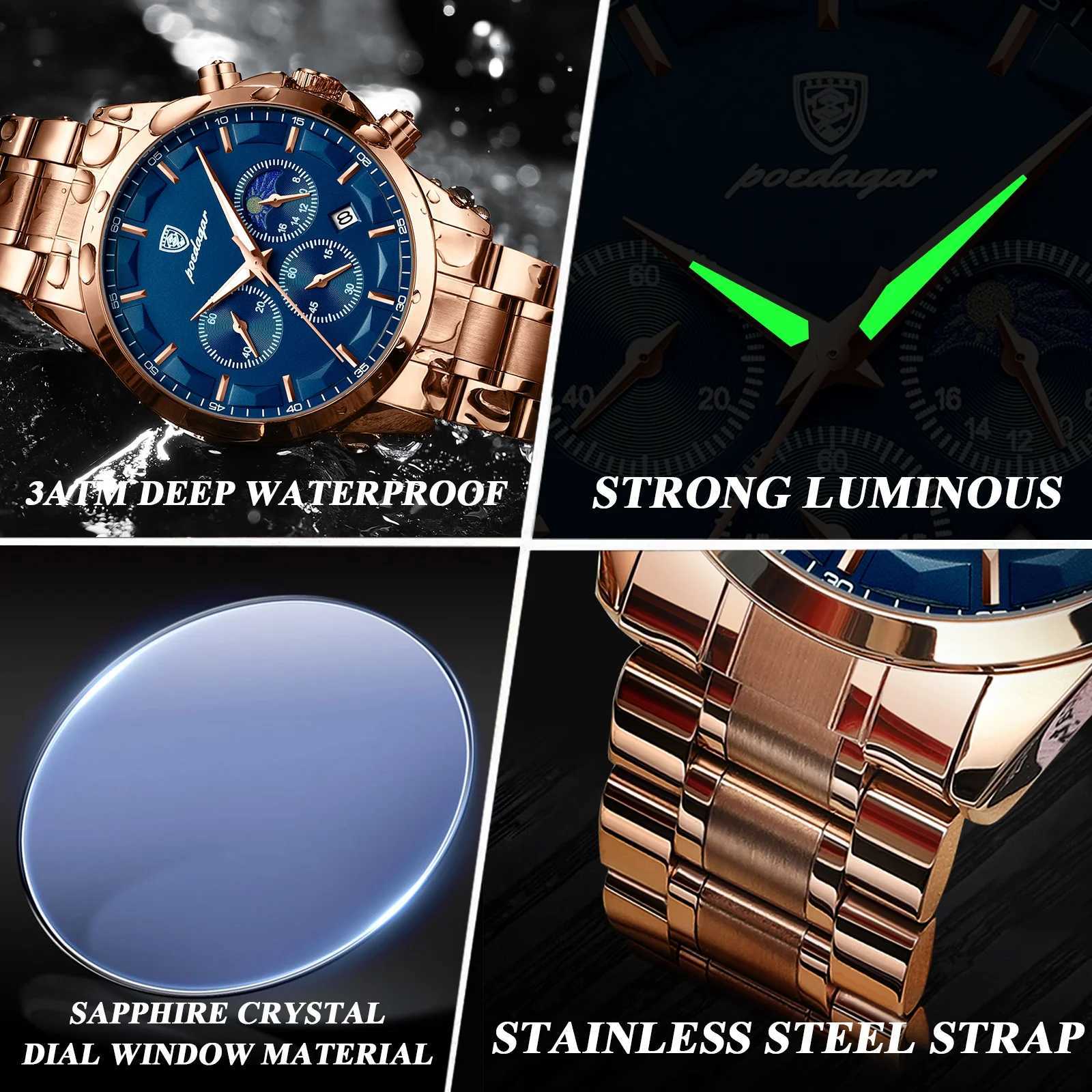 POEDAGAR Luxury Mens Wristwatch Military Waterproof Luminous Chronograph Mens Watch Stainless Steel Mens Quartz Watches + Box Reloj W250724
