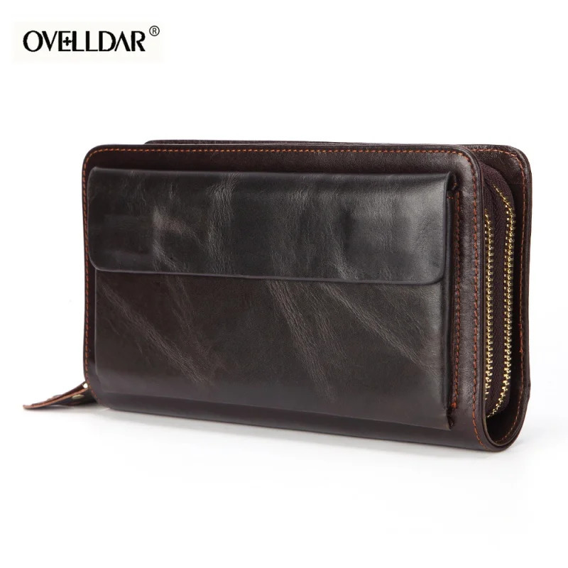 Mens Long Handbag Business Vintage Cow Leather Man Wallet Long Wallet For Man Oil Wax Double Zipper Bag Male Purse 250723