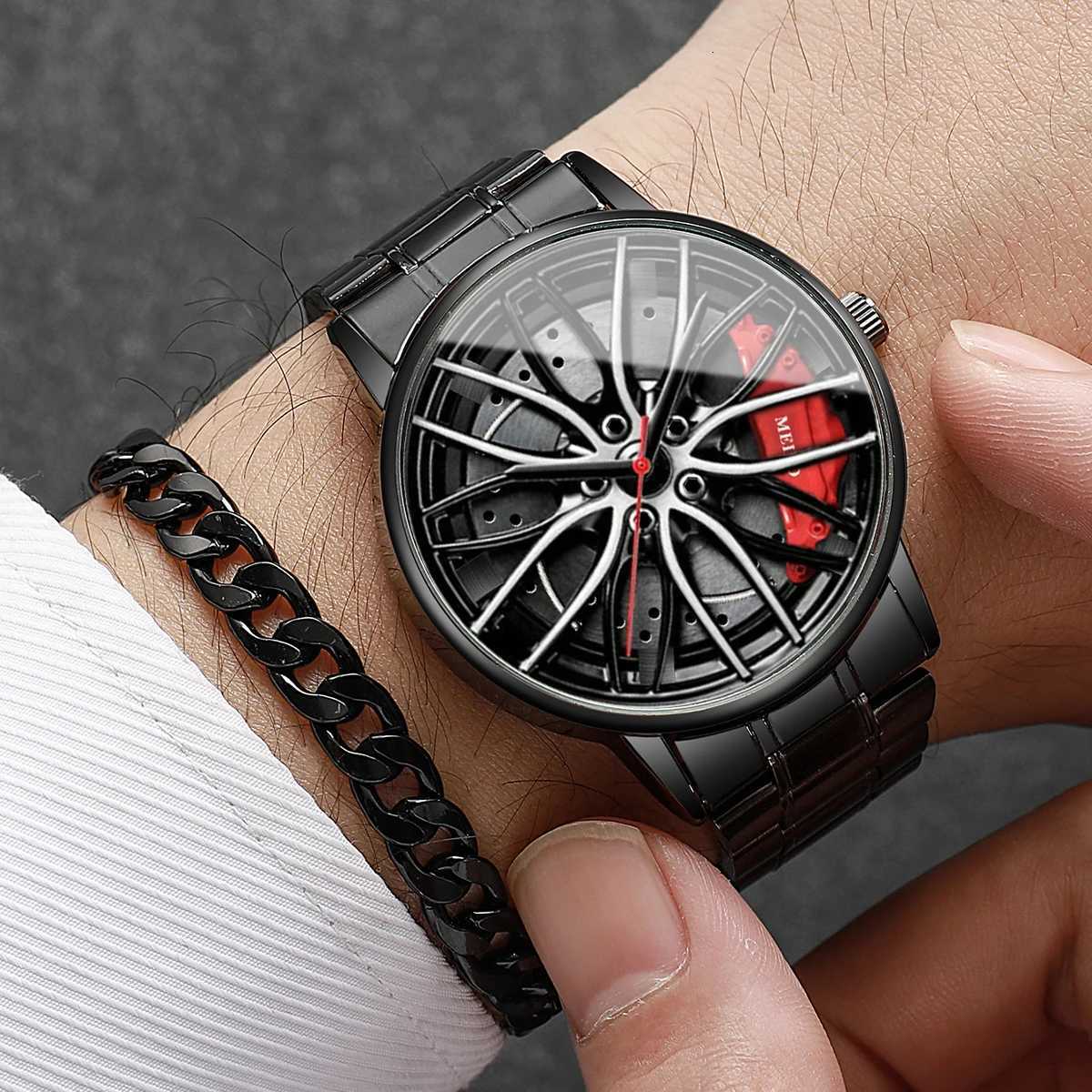 4PCS/Set Fashion Men Watches Jewelry Set Casual 3D Car Wheel Dial Stainless Steel Band Quartz Watch for Men ClockWithout Box W250724