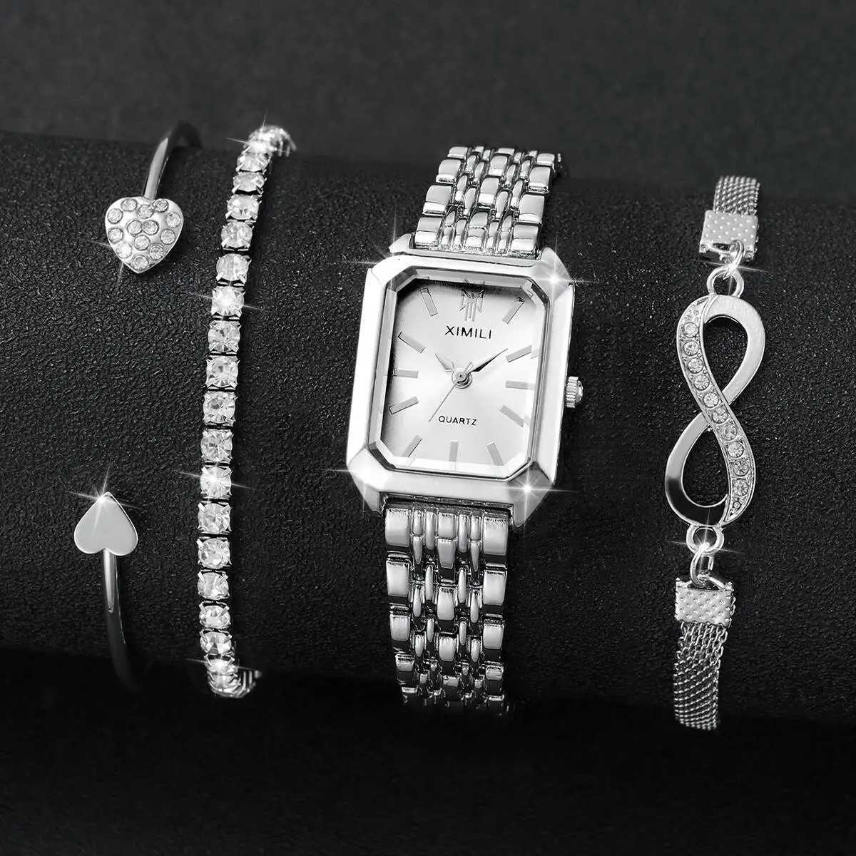 4PCS Fashion Rectangle Women Watches Luxury Stainless Steel Band Ladies Quartz Watch Rhinestone Bracelets Set Womens Watch W250724