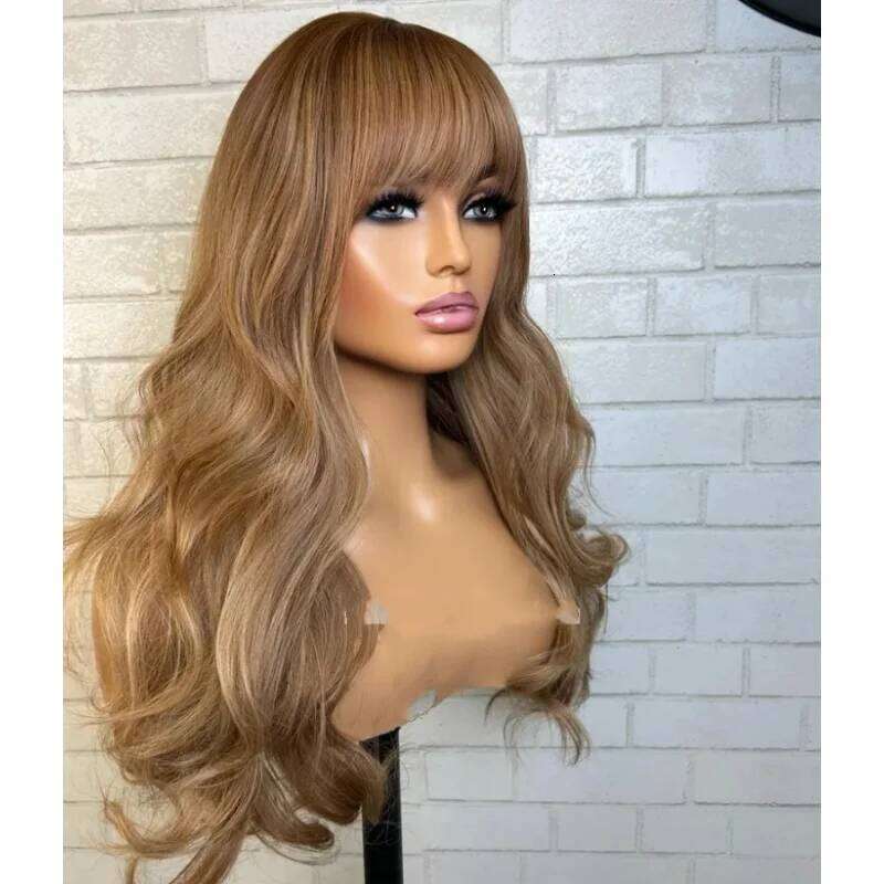 For Women 24 Inch Middle Part With Bangs Synthetic Heat Resistant Fiber Long Natural Light Blonde Brown Wavy Wig