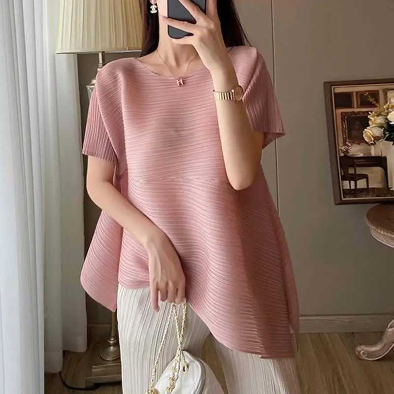 All-match Summer Loose Striped Round Neck Spliced Slanted Top X250724