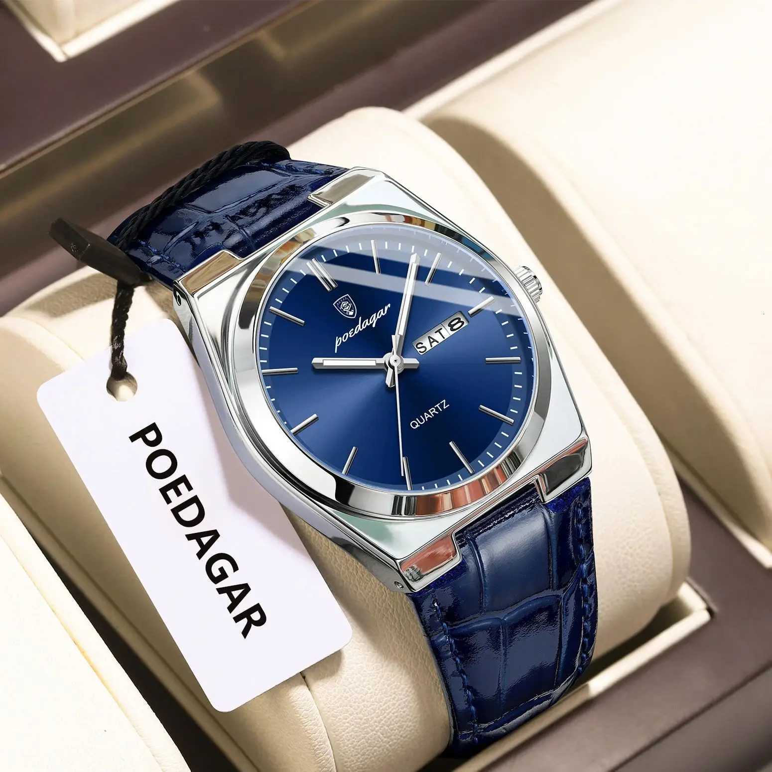 POEDAGAR Luxury Trendy Man Wristwatch Waterproof Luminous Date Week Men Watch Simple Business Quartz Leather Mens Watches Reloj W250724