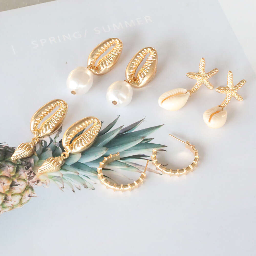 New Bohemian Natural Shell Irregular Pearl Conch Starfish Earrings Set of 4 Pairs